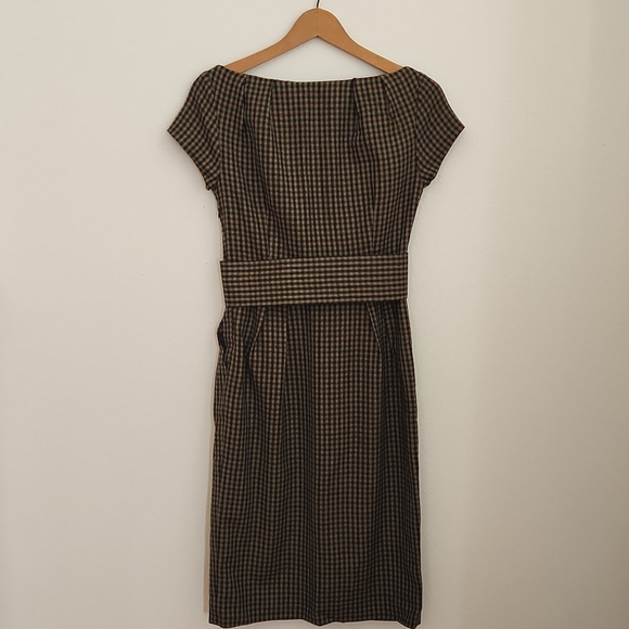 Zara Wool Houndstooth Brown Green Tweed Mad Men Dress Belted Pockets SMALL 4 - Picture 4 of 8